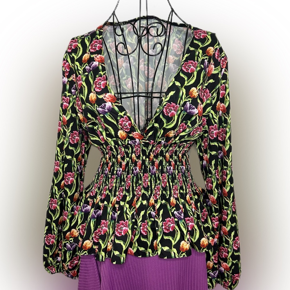 Floral V-Neck Blouse with Purple Skirt